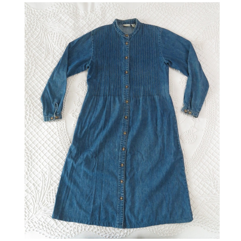 Vintage LL Bean Denim Pintuck Midi Dress 10 Blue Cotton Teacher Button Front